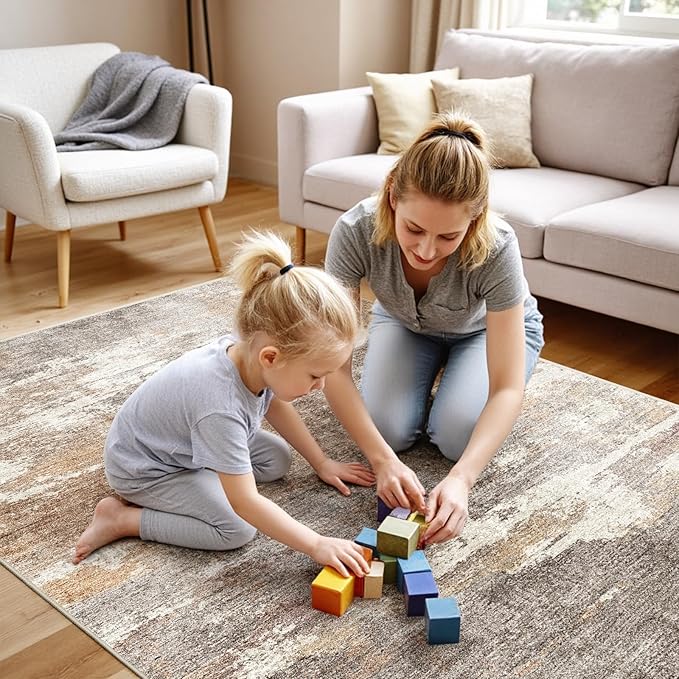 4x5 Washable Entryway Area Rug: Modern Abstract Runner Rugs Indoor Soft Non Slip Door Mat for Living Room Low Pile Thin Floor Carpet for Kitchen Dining Room Bedroom Home Office Decor(4x5,Brown/Brick)