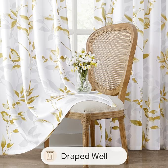 HOMEIDEAS Non-See-Through Gold and White Privacy Sheer Curtains 52 X 96 Inches Long 2 Panels, Leaf Floral Printed Light Filtering Semi Sheer Window Curtains Drapes for Bedroom Living Room