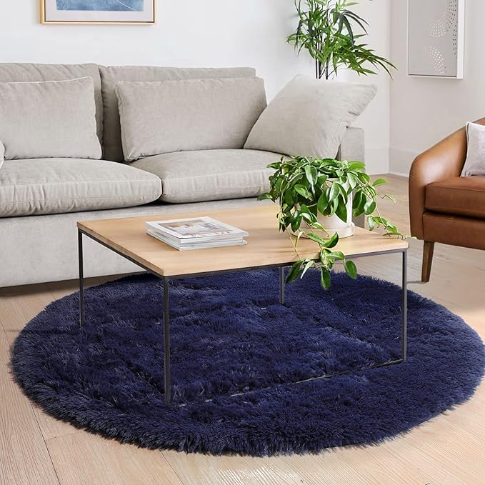 Dark Navy Round Rug 6Ft for Living Room Boys Bedroom, Fluffy Furry Fuzzy Plush Circle Area Rugs for Kids Room Decor Aesthetic, Indigo Shag Cool Dark Blue Carpet for Classroom Teen Dorm Baby Nursery