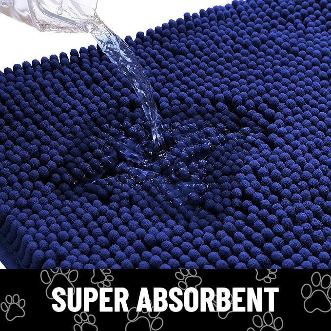 Smiry Dog Door Mat for Muddy Paws, Absorbent Dirt Trapper Non Slip Quick Dry Washable Chenille Mat for Mud Dogs, Entry Rug for Indoor and Outdoor (47x32 Inches, Navy Blue and White)