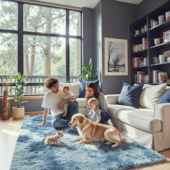 Super Soft Shaggy Area Rugs for Bedroom 4x6 Feet, Shaggy Plush Living Room Shag Furry Floor Rugs, Non-Shedding Indoor Rugs for Living Room Decor(4 x 6, Dark Blue Tie-Dyed)