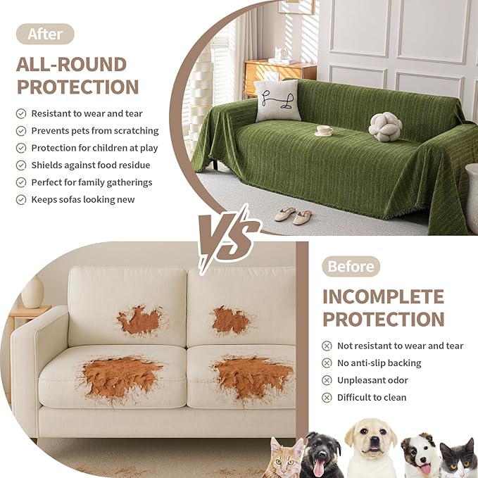 Boho Chenille Couch Cover for Dogs, Non Slip Sofa Cover, Couch Slipcover Covers for 3 Cushion, Furniture Protector with Tassels for Pets Washable, 71"x134", Fishbone Green