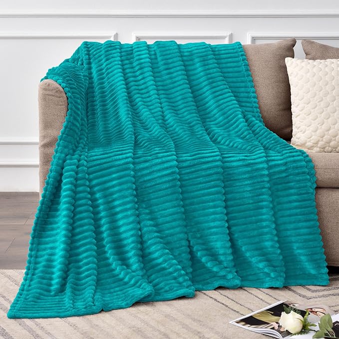 BEDELITE Fleece Throw Blanket for Couch – 3D Ribbed Jacquard Soft and Warm Decorative Fuzzy Blanket – Cozy, Fluffy, Plush Lightweight Blue Throw Blankets for Bed, Sofa, 50x60 inches