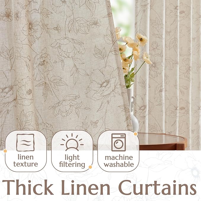 jinchan Floral Linen Curtains for Living Room 63 Inch Length Taupe Flower Curtain Rod Pocket Back Tab Farmhouse Curtains with Printed Floral Bedroom Window Curtain Set, 2 Panels Taupe