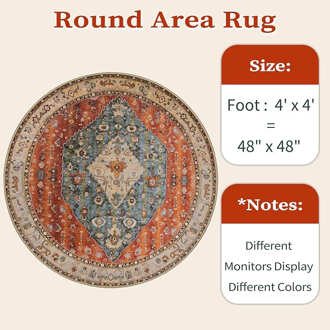 SERISSA Boho Round Area Rug, 4ft Washable Non-Slip Circle Rug, Ultra Soft Oriental Vintage Tribal Low-Pile Small Circular Carpet for Bedroom Entryway Kids Room Office College Dorm Living Room