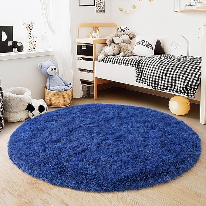 3'x3' Blue Round Rug for Bedroom, Ultra Soft Fluffy Circle Rug for Kids Girls Boys Room, Cute Small Shag Rugs for Living Room Playroom Teen Room Home Decor Rug