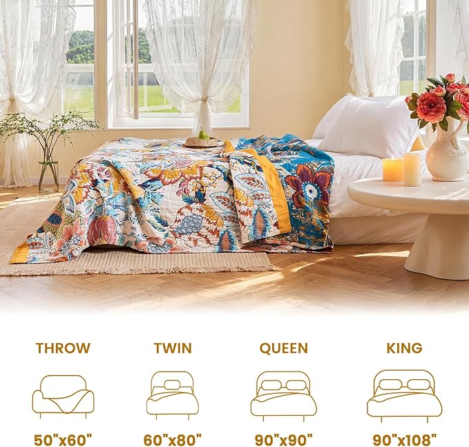 MSGKV Boho Throw Blanket 50"x60" Floral Cotton Blanket for Couch Sofa Spring Breathable Lightweight Farmhouse Blankets Home Decor Muslin All Seasons