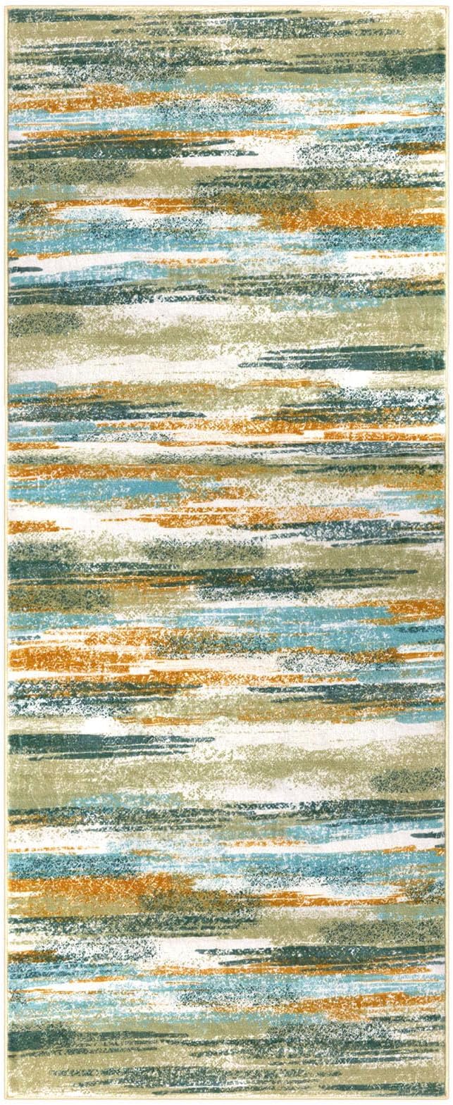 Lansny Modern Abstract Runner Rug 2x5, Green Mustard Multi Washable Entryway Kitchen Runner Non-Slip Soft Hallway Rug Runner Thin Print Faux Wool Carpet for Bedroom Laundry Room Indoor