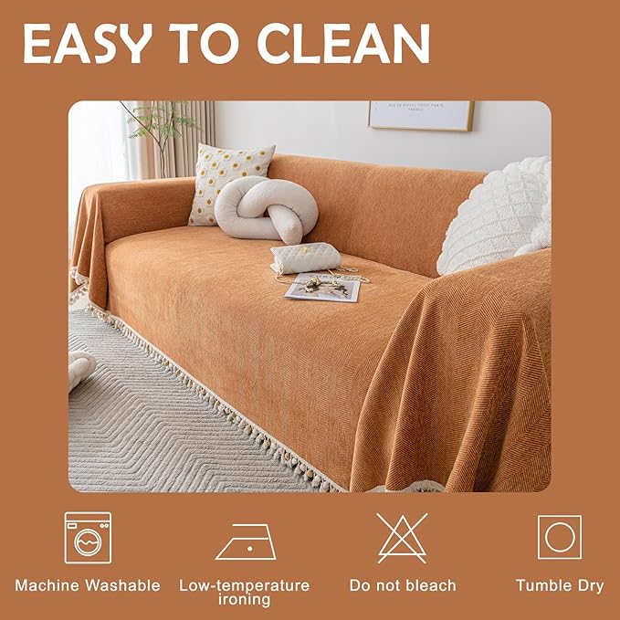 HANDONTIME Dark Orange Sofa Covers Couch Cover for Dogs Colorful Tassel Lovetseat Cover Pet Couch Cover Bohemian Sofa Cover for Couch Vintage Boho Couch Covers Futon Cover Pet-Friendly, 91" X150"