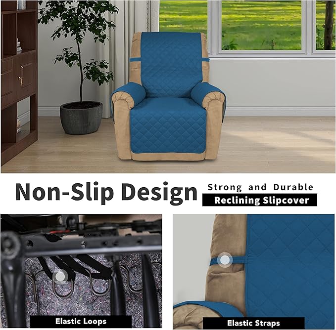 Easy-Going Recliner Chair Slipcover Reversible Sofa Cover Water Resistant Couch Cover Furniture Protector with Elastic Straps for Pets Dog (Recliner 22 inch, Peacock Blue/Beige)