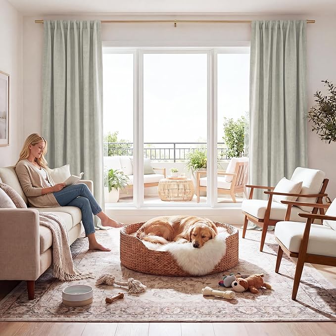 RYB HOME 100% Blackout Cream Curtains, Linen Texture Thermal Insulated Drapes for Bedroom/Living Room/Office/Nuesery, Privacy Farmhouse Full Blackout Window Treatment, W52xL84 Inch Long, 2 Panels