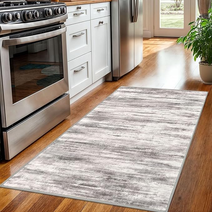 KOZYFLY Abstract Modern Washable 3x5 Area Rug Non-Slip Large Kitchen & Entryway Rug, Grey/Light Beige/Brown Throw Rugs Indoor Mat for High-Traffic Door Entrance, Laundry, Nursery