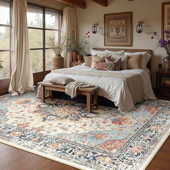 RELEANY Area Rugs 6'x9' Washable Non-Slip, Floral Vintage Distress Print Pattern Medallion Carpet for Living Room Bedroom Dining Room, Beige Navy Blue Orange Colorful