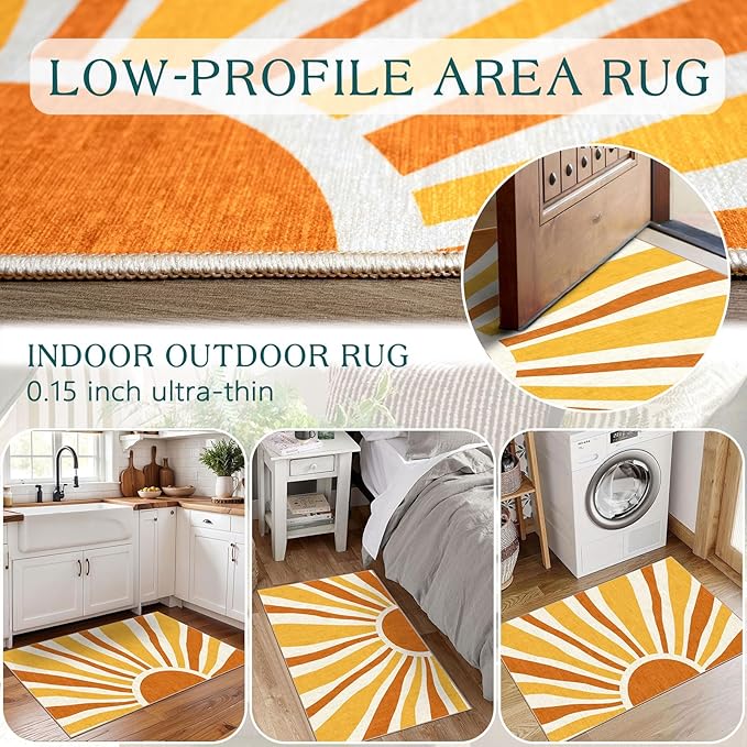 Front Door Mat Outside Entrance - 2x3 Boho Non-Slip Washable Doormat Indoor Outdoor Mat Orange Modern Retro Sun Entry Rug Small Throw Rugs for Entryway Bedroom Kitchen Front Porch Decor