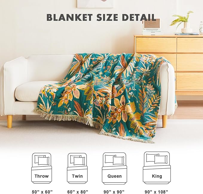 MSGKV Boho Throw Blanket for Bed Twin Size 100% Cotton Floral Blanket 60"x80" Couch Blankets Muslin Spring Breathable All Seasons Lightweight Farmhouse Blankets Home Decor