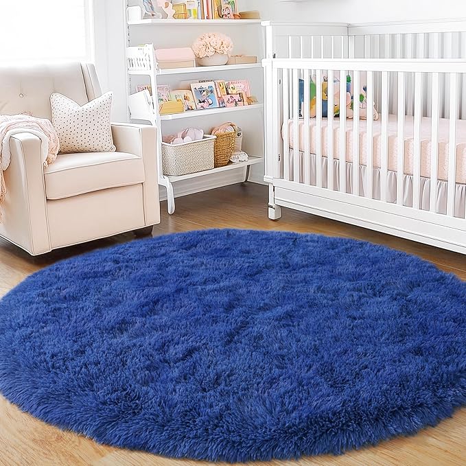 6‘x6’ Blue Round Rug for Bedroom, Ultra Soft Fluffy Circle Rug for Kids Girls Boys Room, Cute Shag Rugs for Living Room Playroom Teen Room Home Decor Rug