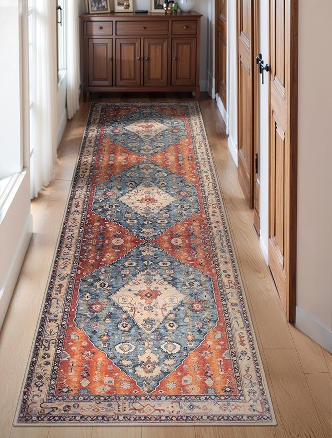 SERISSA Boho Washable Runner Rug, 2'6"x10' Long Non-Slip Tribal Hallway Kitchen Stair Runner Rug Ultra Soft Print Distressed Vintage Floor Carpet for Bedroom Bathroom Laundry Room
