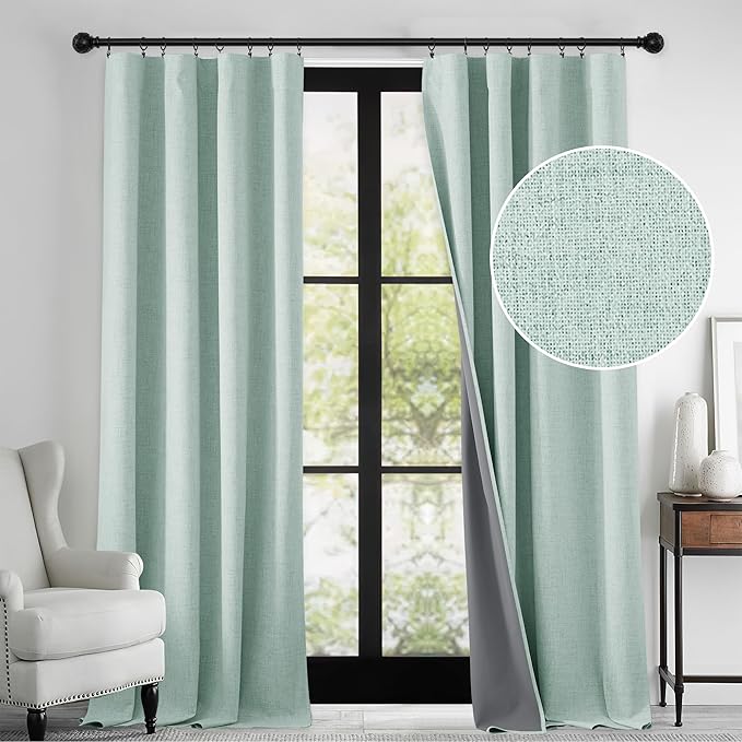 RYB HOME 100% Blackout Linen Textured Curtains 108 inches Long, Thermal Insulating Privacy Energy Saving for Bedroom Living Room Window Office Theater Baby Nursery, W 52 x L 108 in, Aqua, 2 Panels