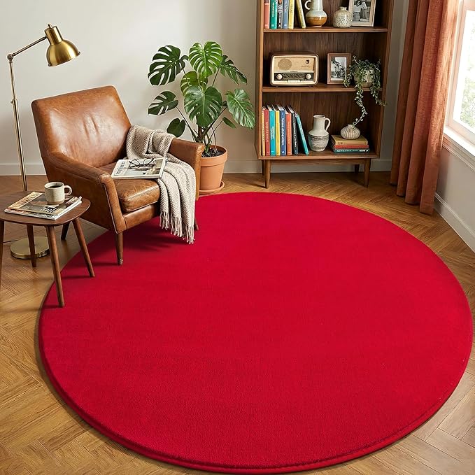 Amearea Red Round Area Rugs 5ft Washable Circle Rugs for Bedroom Living Room, Fluffy Indoor Thickened Memory Foam Rug, Non Slip Minimalist Circular Carpet for Kids Boys Girls Dorm Nursery Room Decor