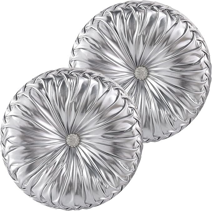 HIG Set of 2 Handcrafted Silver Ruched Round Throw Pillows – 14.5’’ Metallic Leather Decorative Pillows with Soft Polyester Filling for Couch, Bed, Living Room, Bedroom, or Dorm