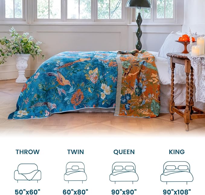 MSGKV Boho Throw Blanket for Bed 60"x80" Cotton Couch Blanket with Floral and Bird Spring Breathable Lightweight Farmhouse Twin Size Decorative Blankets for Sofa Muslin All Seasons