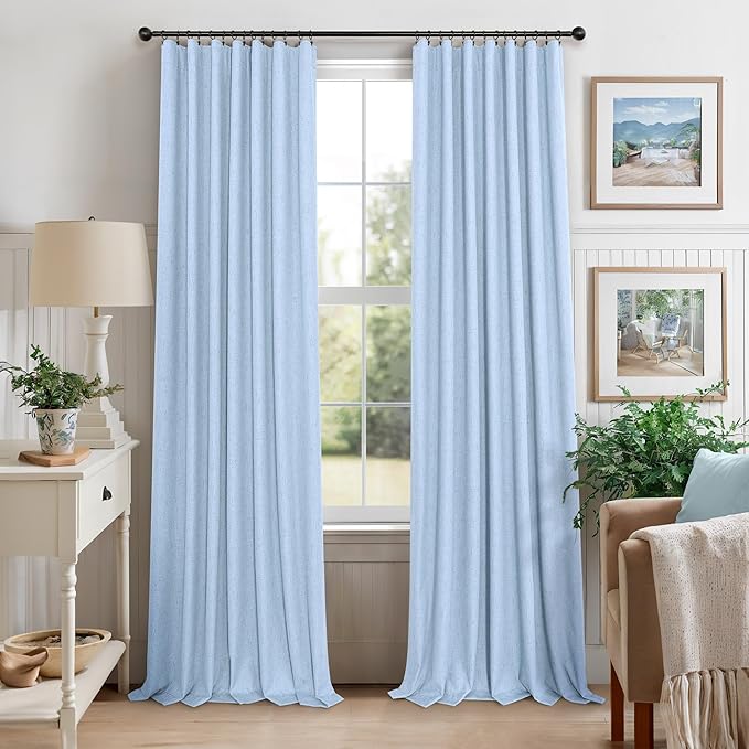 Light Blue Black Out Curtains 96 Inches Long for Living Room 100% Blackout Linen Textured Thermal Window Treatments Grand Millenial Curtain Drapes for Bedroom Modern Farmhouse Decor 96 Length 2 Panels