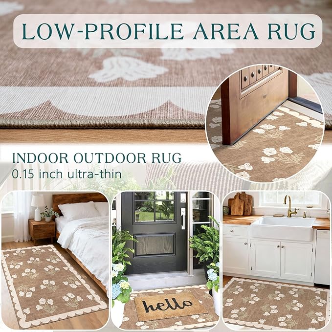 Floral Outdoor Rug - 28" x 43" Spring Front Door Mat Indoor Outside Entrance Non-Slip Washable Outdoor Mat Tan Boho Neutral Farmhouse Throw Rugs for Entryway Kitchen Bedroom Front Porch Decor