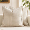 MIULEE Decorative Euro Sham Throw Pillow Covers for Couch Bed Livingroom 24x24 Inch Set of 2 Beige Boho Accent Throw Pllows Broadside Striped Patchwork Soft Corduroy Pillowcases