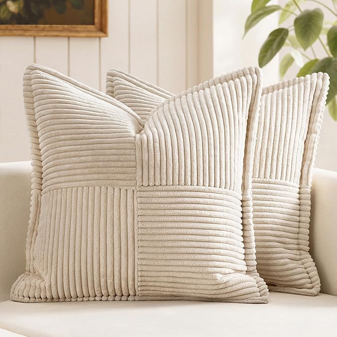 MIULEE Decorative Euro Sham Throw Pillow Covers for Couch Bed Livingroom 22x22 Inch Set of 2 Beige Boho Accent Throw Pllows Broadside Striped Patchwork Soft Corduroy Pillowcases
