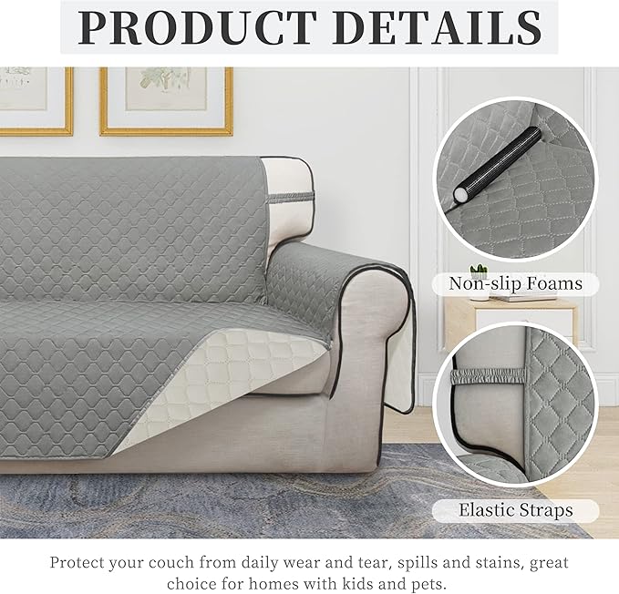 ISSUNTEX Double Protection 100% Waterproof Loveseat Sofa Covers for Living Room, Couch Covers for 2 Cushion Couch Sofa, Reversible Furniture Protector Sofa Cover for Dogs (Loveseat, Light Gray/Ivory)