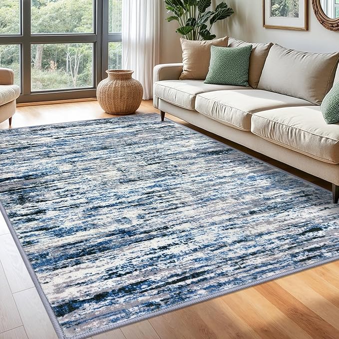 Lansny Modern Abstract 6x9 Machine Washable Living Room Rug Non-Slip Soft Bedroom Area Rug Grey Blue White Thin Print Faux Wool Floor Carpet Throw Rugs for Nursery Playroom Dining Room Indoor