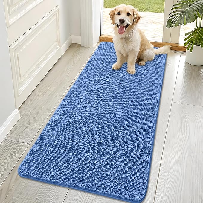 OLANLY Dog Door Mat for Muddy Paws 70x32, Absorbs Moisture and Dirt, Absorbent Non-Slip Washable Doormat, Quick Dry Chenille Mud Mat, Entry Indoor Entryway Carpet for Inside Floor, Cornflower Blue