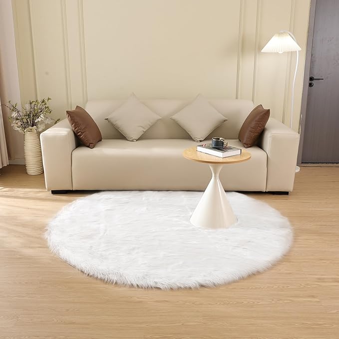 ORINOVA White Small Circle Fluffy Rugs for Bedroom Washable Faux Sheepskin Shaggy Fur Area Rugs for Living Room Round Rug 4ft Nursery Rug