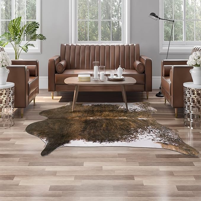 AROGAN Faux Cow Print Rug Large (4ft x 3ft) - Cow Print Area Rug with No-Slip Backing, Large Animal Skin Rugs for Living Room, Offfice, Room Decor, Saddle Brown