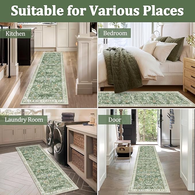 Yamaziot Washable Runner Rug 3x8 – Large Floral Non Slip Boho Hallway Runner Rug with Rubber Backing, Low Pile Faux Wool Distressed Carpet for Kitchen, Laundry, Bedroom, Entrance, Green