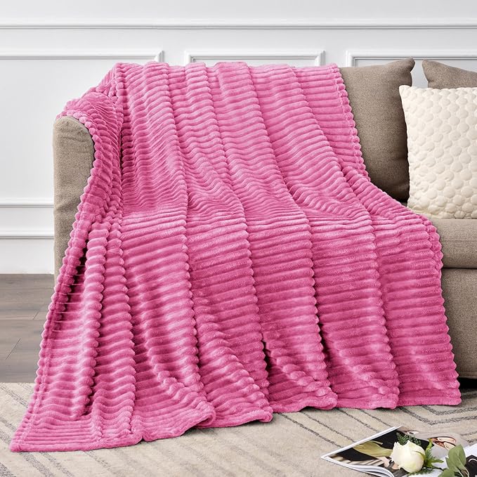 BEDELITE Fleece Throw Blanket for Couch – 3D Ribbed Jacquard Soft and Warm Decorative Fuzzy Blanket – Cozy, Fluffy, Plush Lightweight Hot Pink Throw Blankets for Bed, Sofa, 50x60 inches