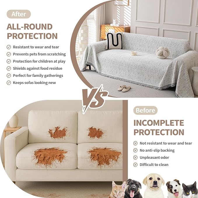 Couch Cover for Dogs, Boho Sofa Covers for 3 Cushion Couch, Chenille Slipcover for Pets Washable, L-Shape Sectional Couch Loveseat Cover Soft Throw Blankets with Tassels(91x134,Speckled Grey)