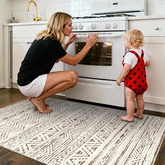 2x4 Washable Entryway Runner Rug: Moroccan Small Area Rug Soft Non Slip Door Mat for Hallway Low Pile Thin Stain Resistant Floor Carpet for Kitchen Bedroom Bathroom Bedside Indoor(2x4,Beige)