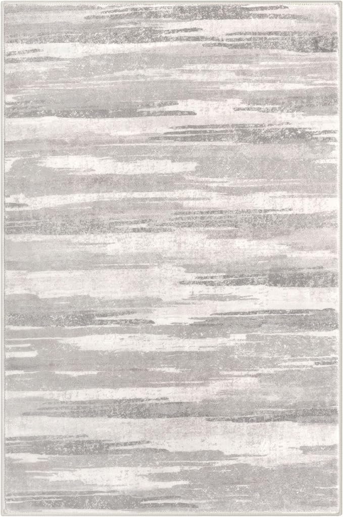 Lansny Modern Abstract Entryway Rug Indoor 2x3 Neutral Washable Non-Slip Soft Small Area Rug Light Beige and Grey Kitchen Mat Thin Print Faux Wool Floor Carpet for Entrance Bedroom