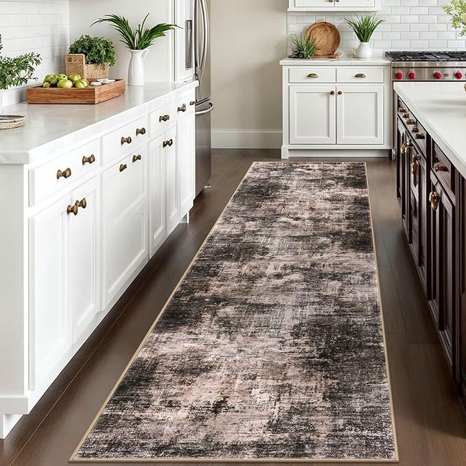 IOHOUZE Abstract Runner Rug 3x10 Ft Washable Runners for Hallways, Non Slip Kitchen Runner Printed Faux Wool Entryway Runner Indoor, Modern Abstract Floor Carpet for Hall Bedroom, Brown/Rust