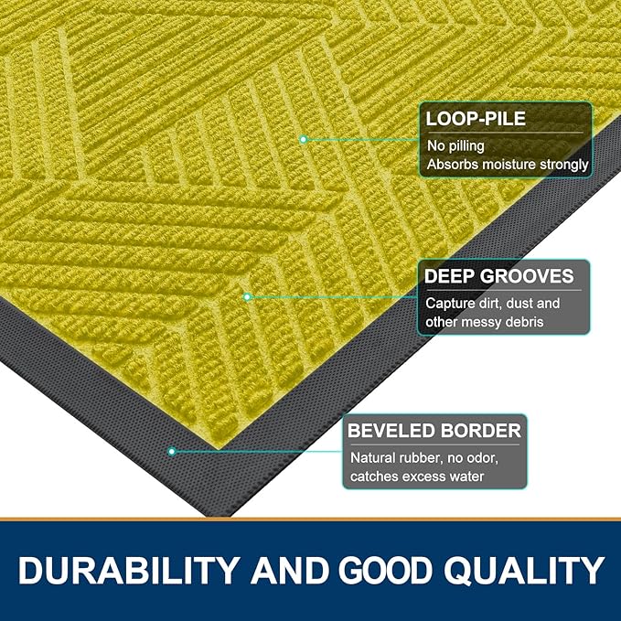 Smiry Front Door Mat Outside Entrance, Heavy Duty Sturdy Natural Rubber Doormat, Trap Dirt and Moisture, Easy Clean Low Profile Welcome Floor Mats for Indoor Outdoor Entry, 35X23 Inch, MST- Yellow