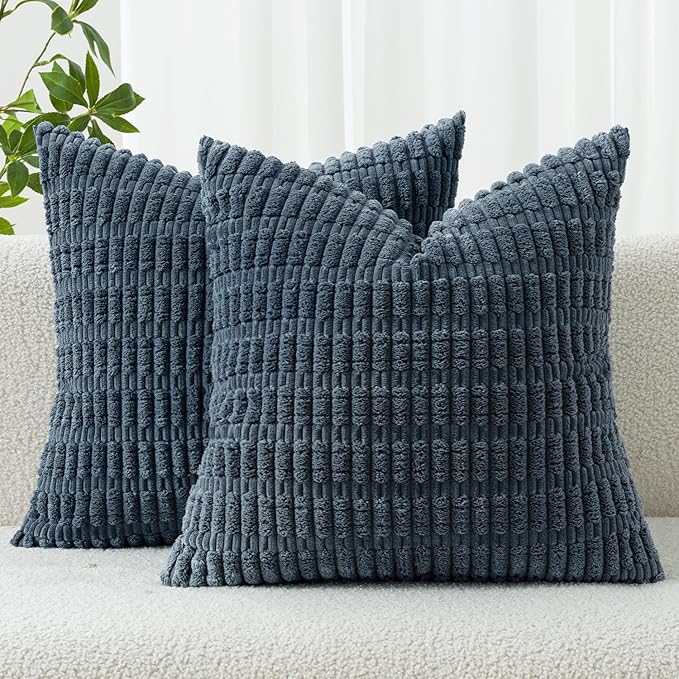 MIULEE Pack of 2 Corduroy Decorative Throw Pillow Covers 18x18 Inch Soft Boho Striped Pillow Covers Modern Farmhouse Home Decor for Summer Coastal Sofa Living Room Couch Bed Blue