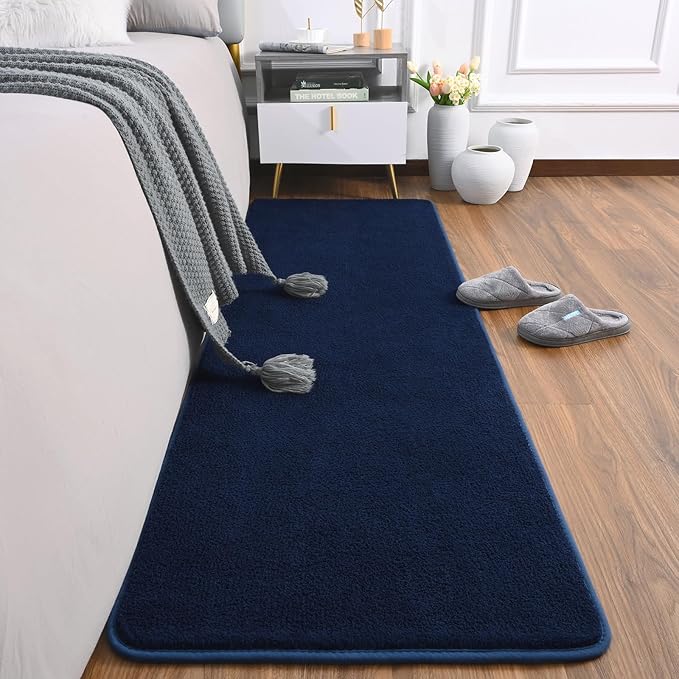 AROGAN Shag Runner Rug for Hallways, 2x6 Feet Washable Rugs with Memory Foam for Bedroom, Entryway Indoor Fluffy Throw Rug for Bedside Living Room Kids Girls Nursery Dorm Room Decor, Navy Blue
