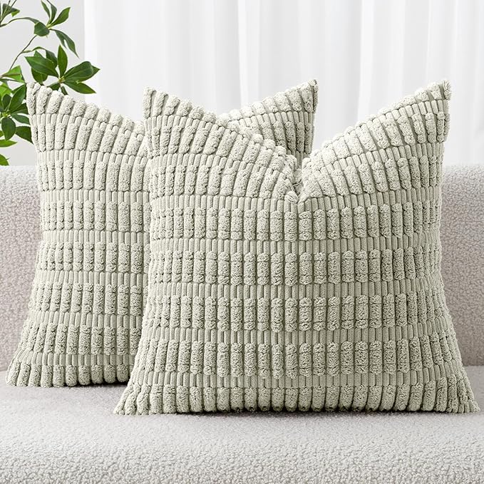 MIULEE Pack of 2 Spring Corduroy Decorative Throw Pillow Covers 20x20 Inch Soft Boho Striped Pillow Covers Modern Farmhouse Home Decor for Summer Sofa Living Room Couch Bed Light Green