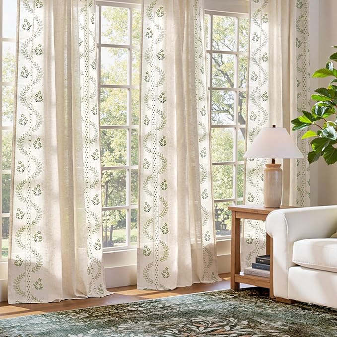 jinchan Belrose Linen Curtains for Bedroom Floral Curtains 84 Inch Length Linen Blend Sage Green Embroidered Drapes Farmhouse Flower Patterned Drapes for Living Room Window Treatments Set 2 Panels