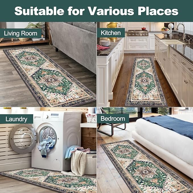 Yamaziot Washable Runner Rug, 2x6 Non-Slip Boho Vintage Hallway Rug Runner with Rubber Backing, Stain Resistant & Low Pile Faux Wool Distressed Carpet Runner for Kitchen, Laundry, Entrance