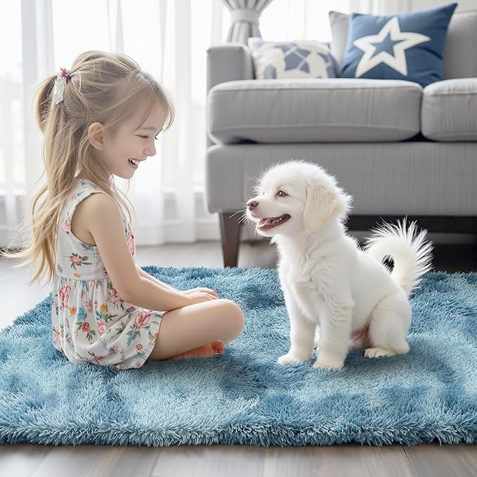 Area Rugs 9x12 Living Room, Large Area Rug Shag Shaggy Carpet Soft Plush Furry Bedside Rug, Machine Washable Area Rugs for Bedroom Kids Girls Boys Anti Slip(9 x 12, Dark Blue Tie-Dyed)