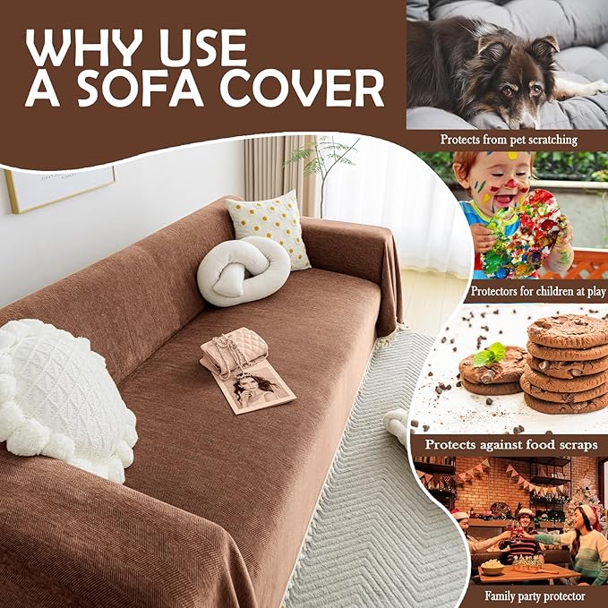 HANDONTIME Boho Style Sofa Cover with Tassels, Washable & Non-Slip Couch Cover for 3 Cushion Sofa, Herringbone Pattern Pet-Friendly Sofa Slipcover, Chocolate Color, 71"x134", Living Room Decor