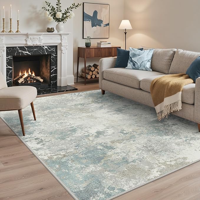 Area Rugs 5x7 for Living Room Bedroom, Modern Abstract Machine Washable Rug, Large Soft Low Pile Floor Carpet with Non Slip Backing for Dining Room, Light Cream Blue