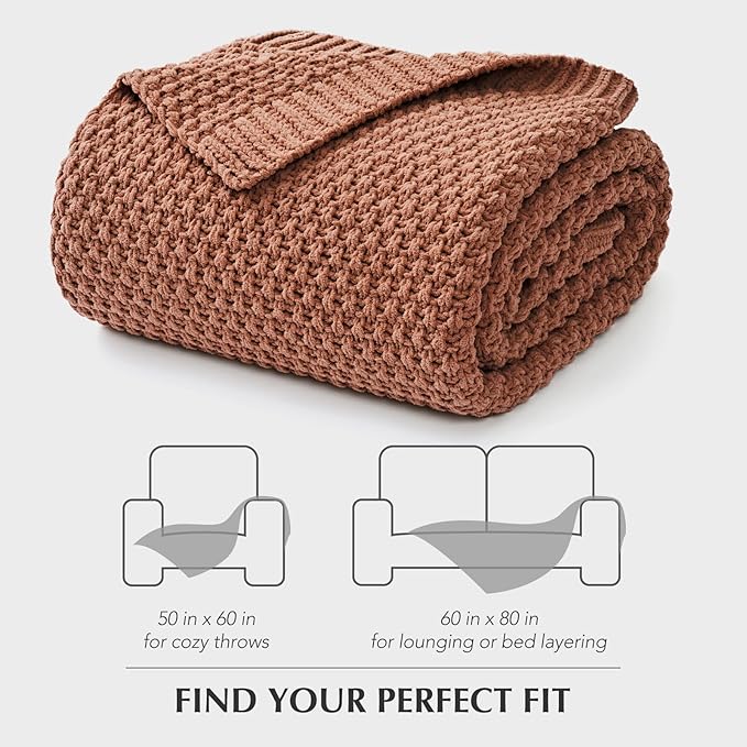 EVERGRACEHOME Chunky Chenille Knit Throw Blanket for Couch, Soft Luxurious Moss Stitch Blankets for Bed, Cozy Decorative Farmhouse Knitted Throws for Sofa, Terracotta Clay, 60" x 80"